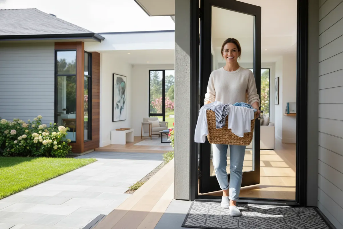 A smiling woman in casual clothes stands at her front door holding a laundry basket, sunlight streaming in, with a modern suburban home in the background. The image is vibrant, welcoming, and conveys ease and convenience, perfectly matching the 3:2 aspect ratio.