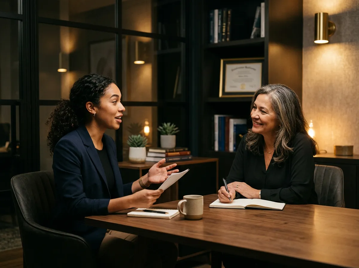 Young professional preparing for a career interview in a modern mentoring room