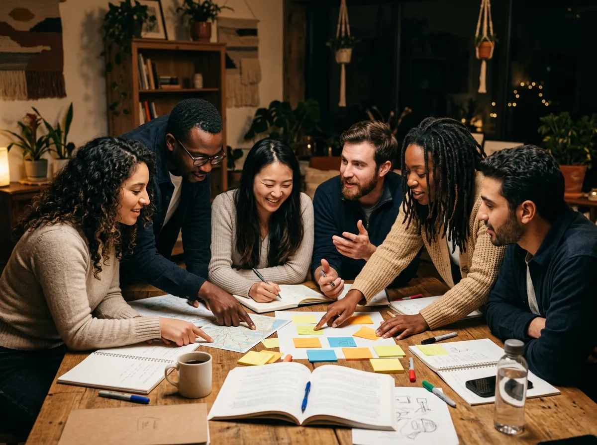 Young adults collaborating around a table planning life goals in a workshop setting
