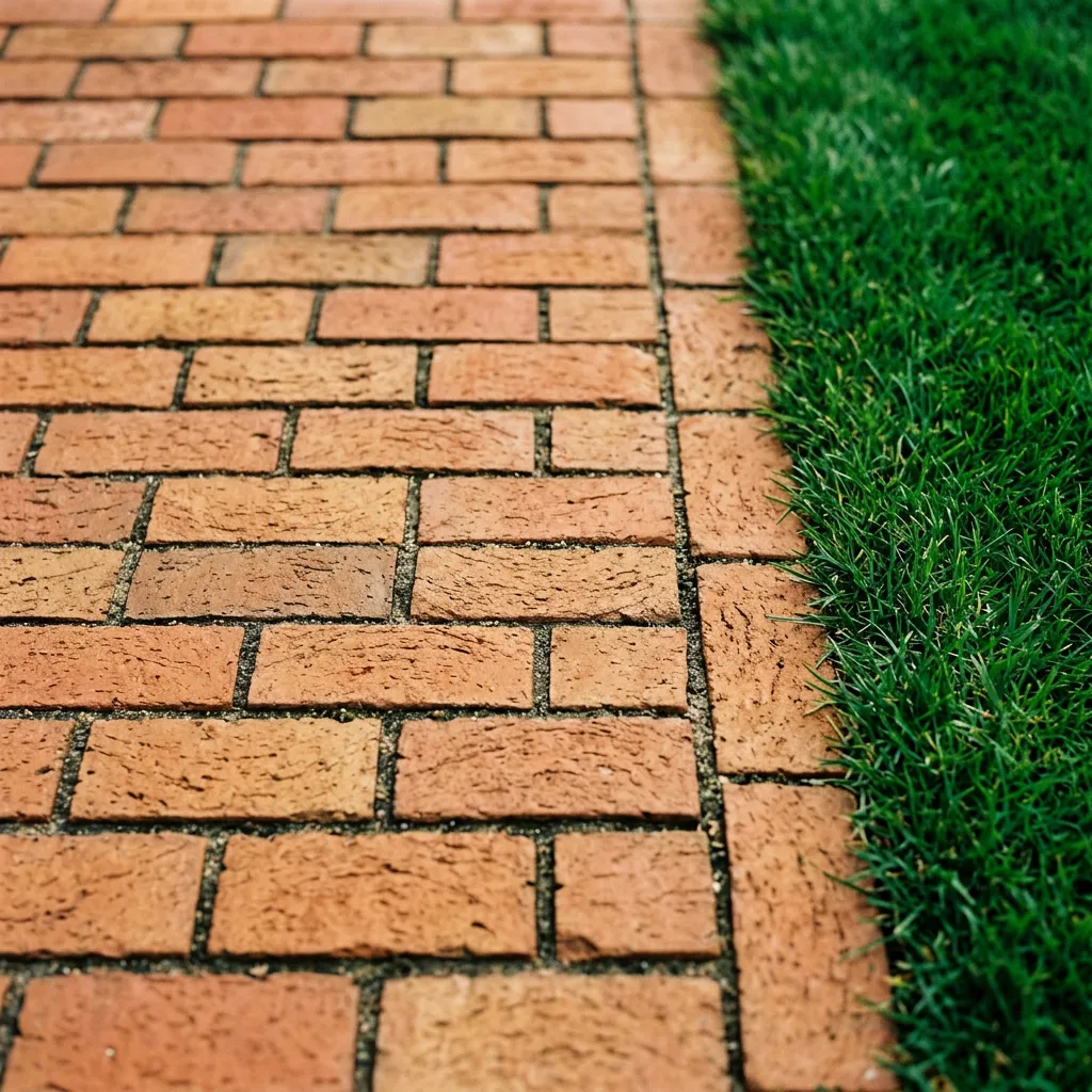 Close-up of stone pavers and natural lawn edging along a property line