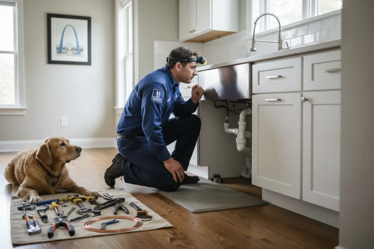 A professional plumber in uniform inspects pipes under a kitchen sink in a modern St. Louis home, with natural light streaming in and tools neatly arranged nearby. The scene conveys expertise, trust, and a welcoming residential environment.