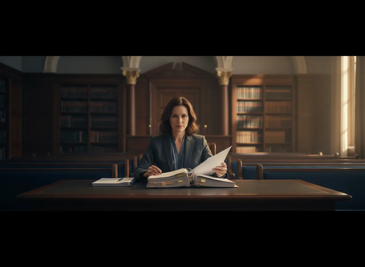 Attorney in a courtroom reviewing files for a case