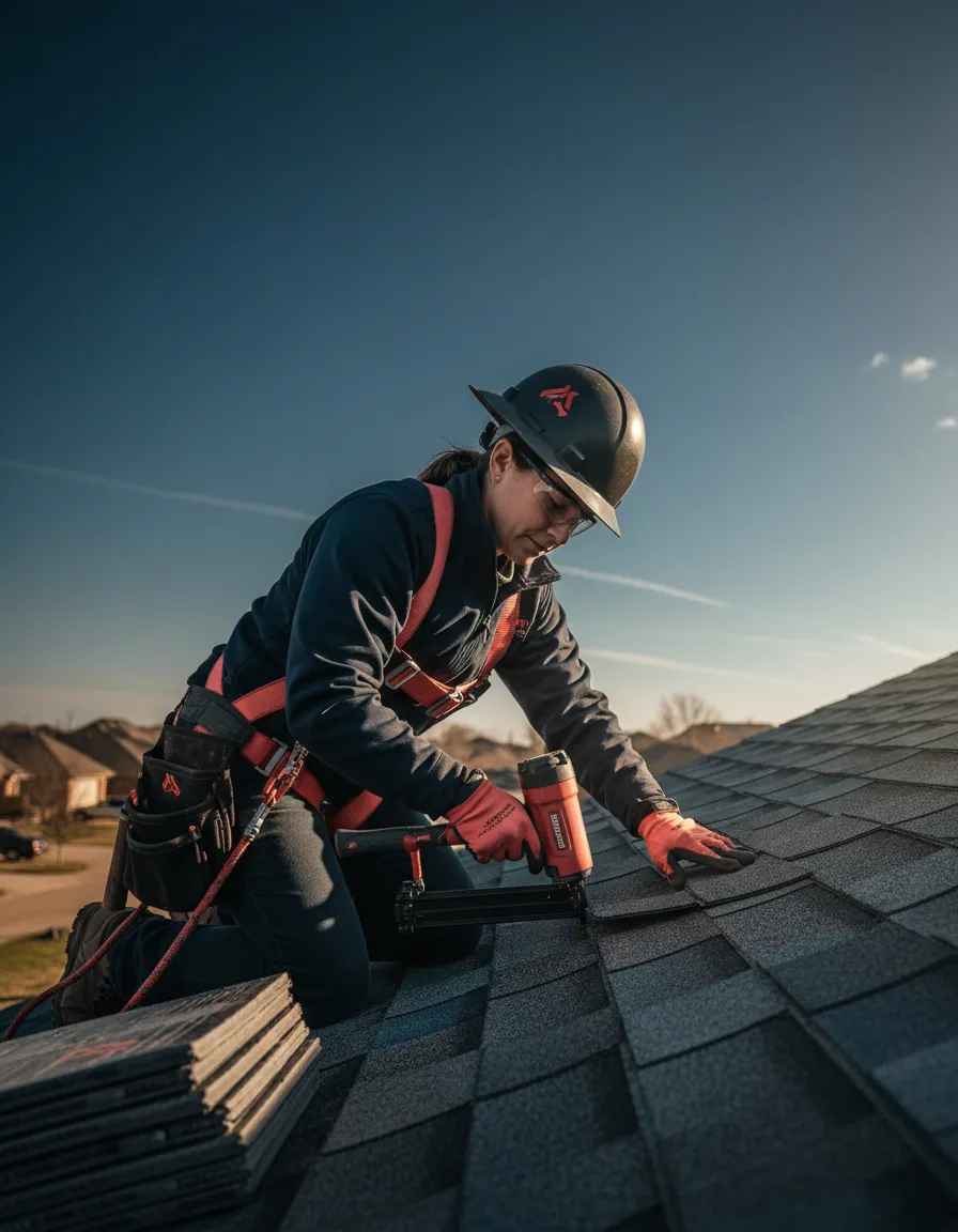 Professional roofer working on a residential roof replacement