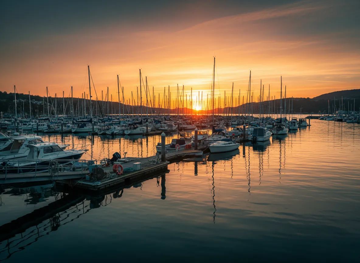 Hawaii harbor marina with boats during a warm golden sunset