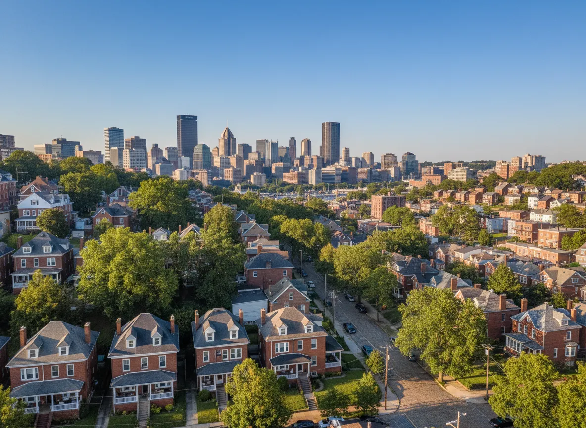 Pittsburgh skyline with residential neighborhood in foreground
