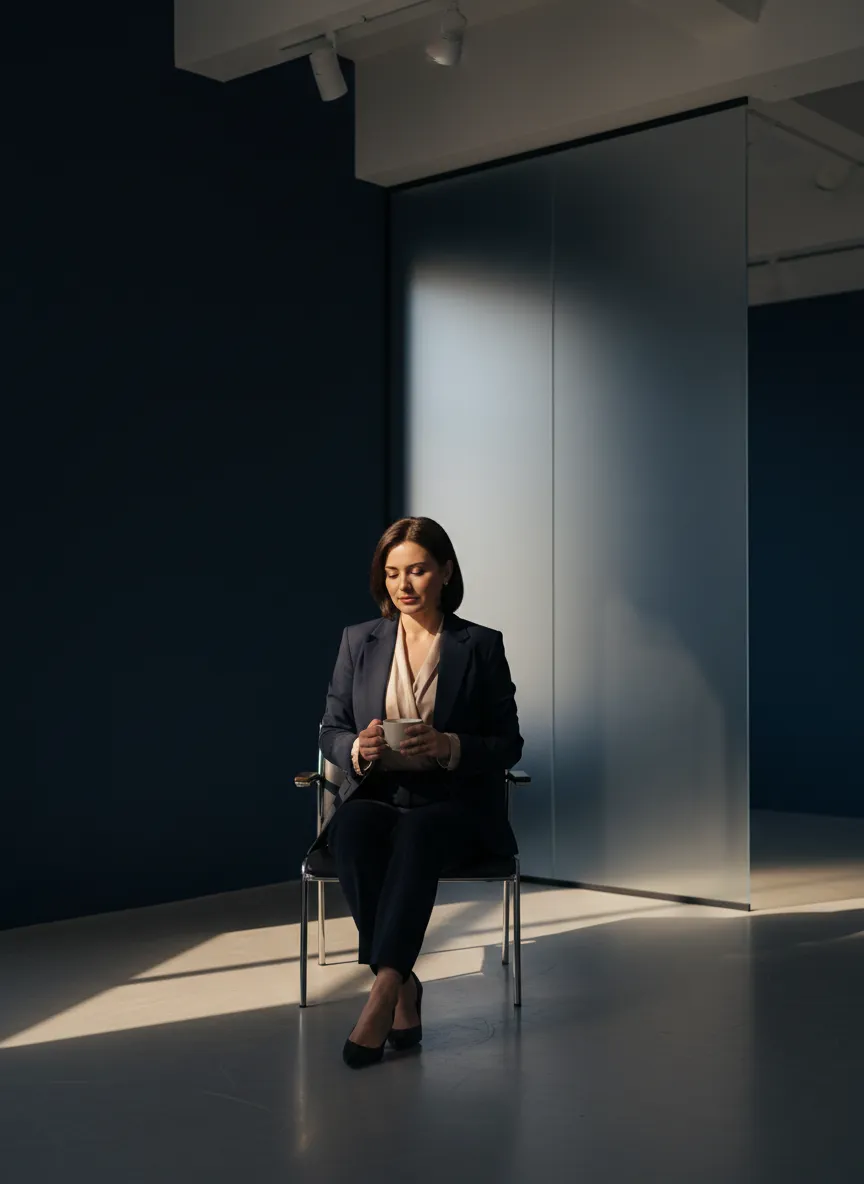 Mujer líder en momento de reflexión con luz natural cálida