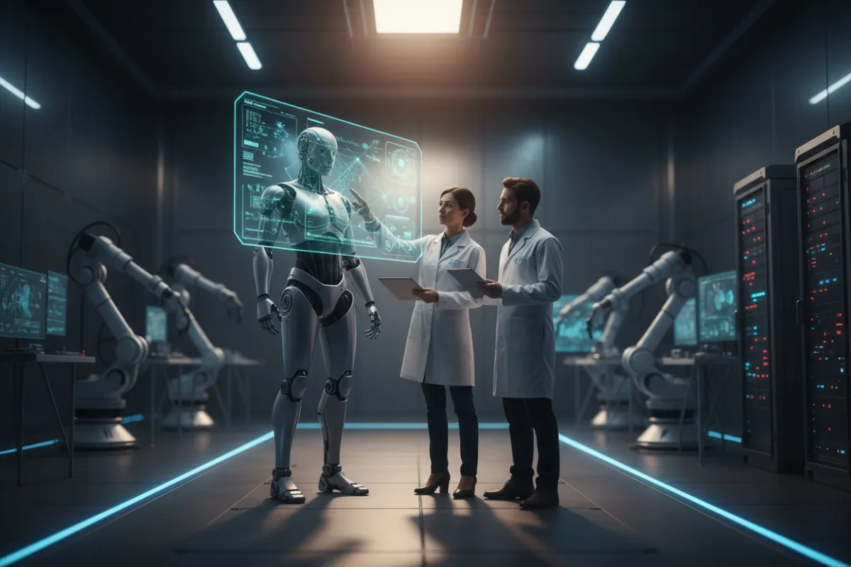 photorealistic AI robot in a lab being trained by researchers