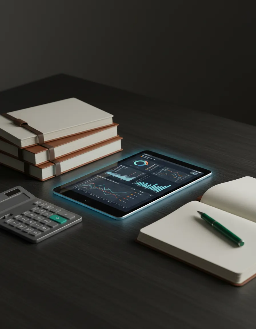 Dashboard and ledgers representing organized business finances