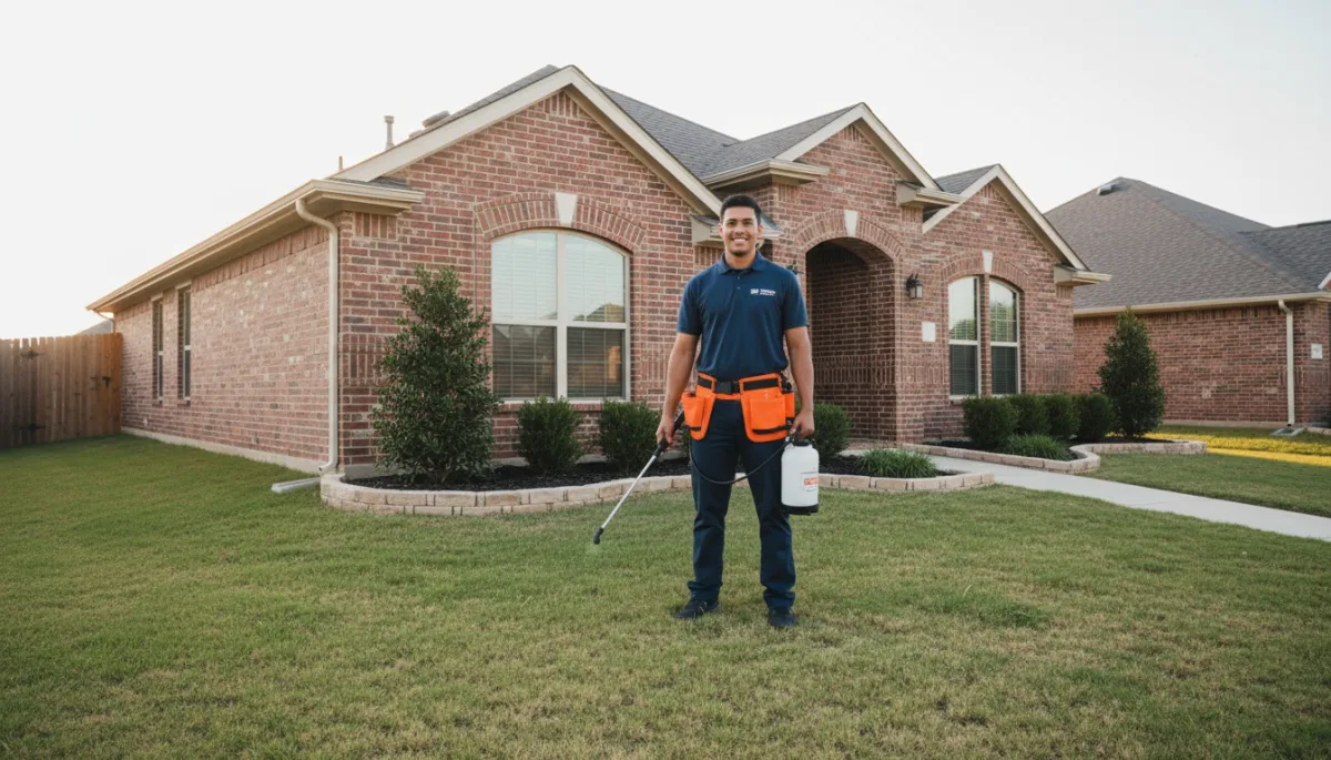 Technician providing pest control at a Fort Worth home