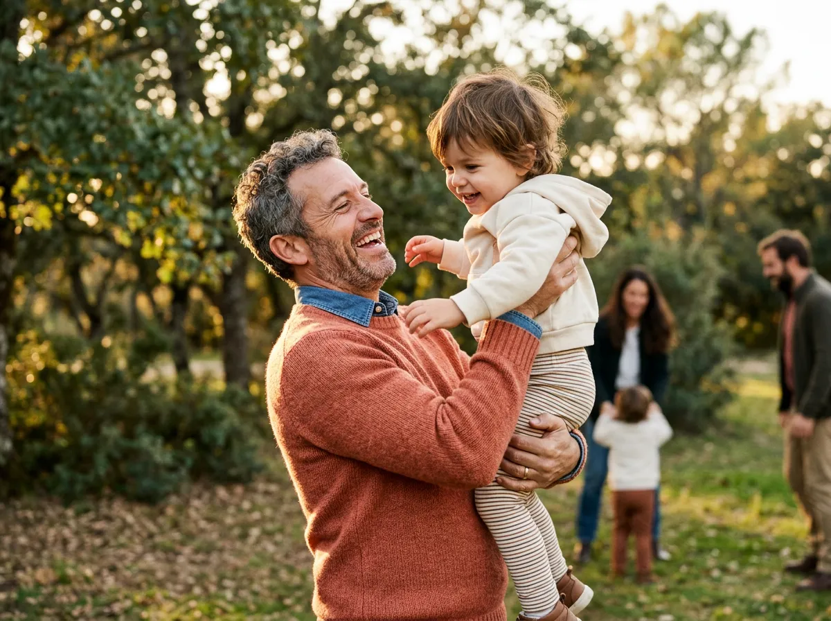 Energetic 45-year-old father enjoying an active afternoon outdoors with his family in nature