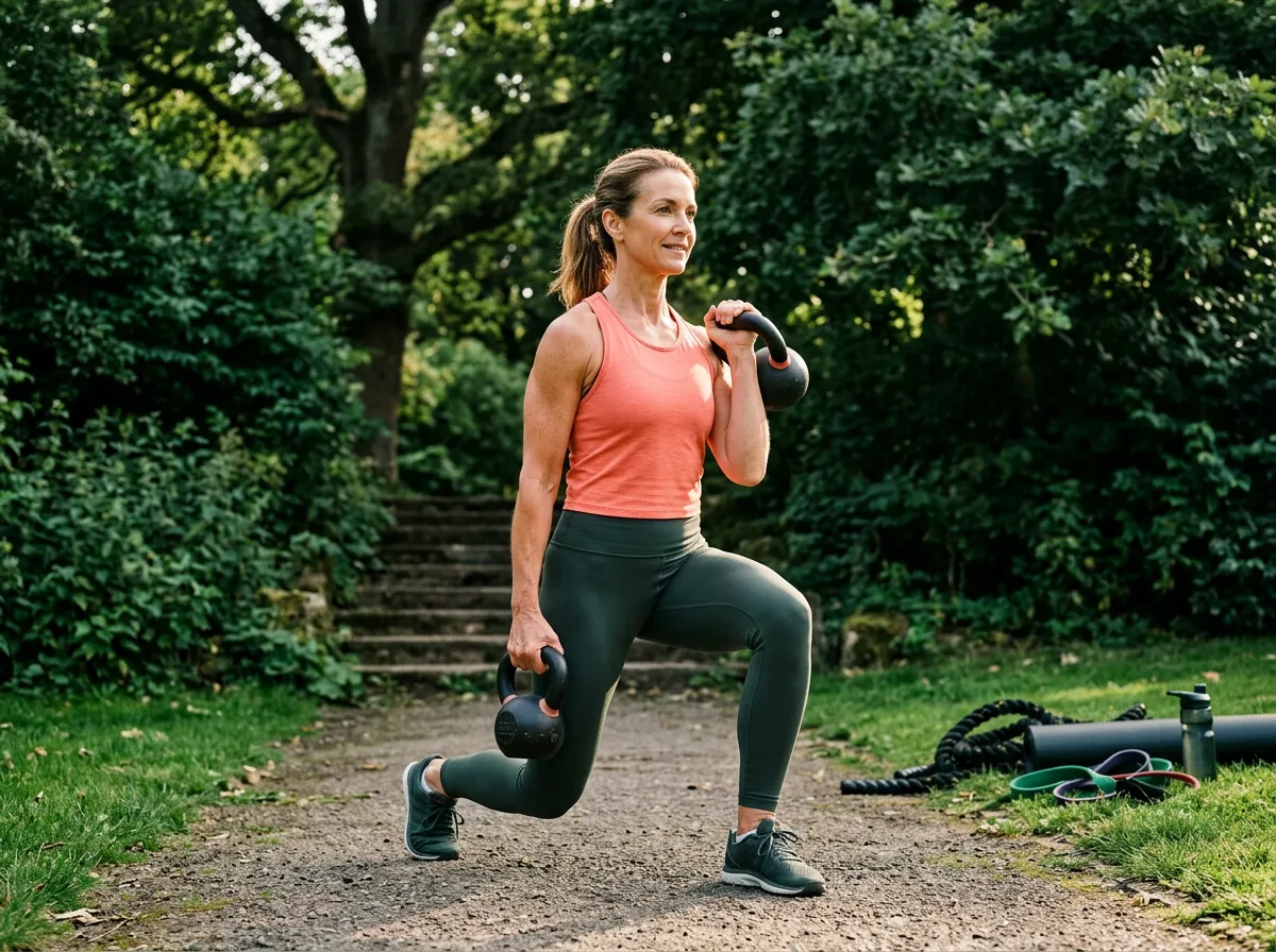 Active 50-year-old adult performing functional outdoor strength training with confidence and perfect posture