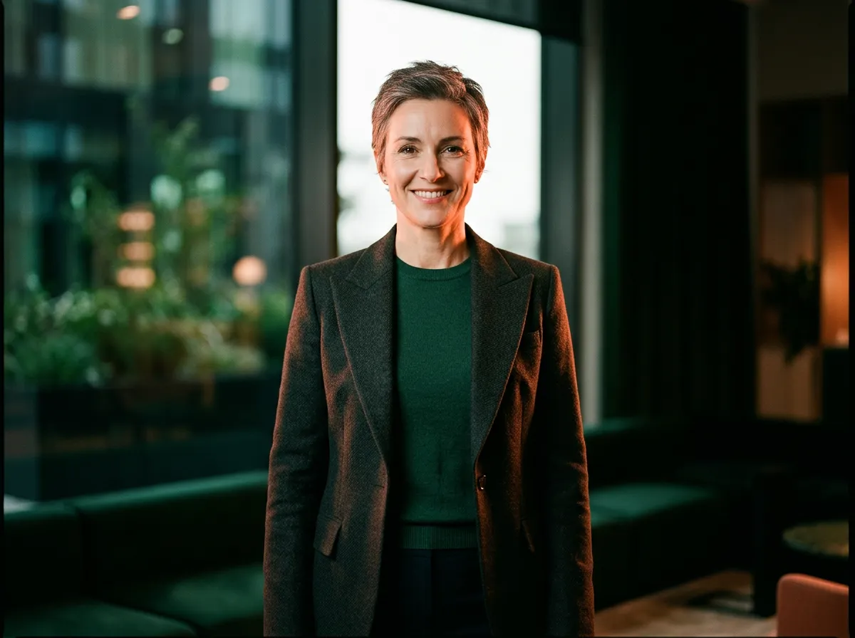 Well-dressed 48-year-old adult smiling with upright athletic posture and quiet confidence