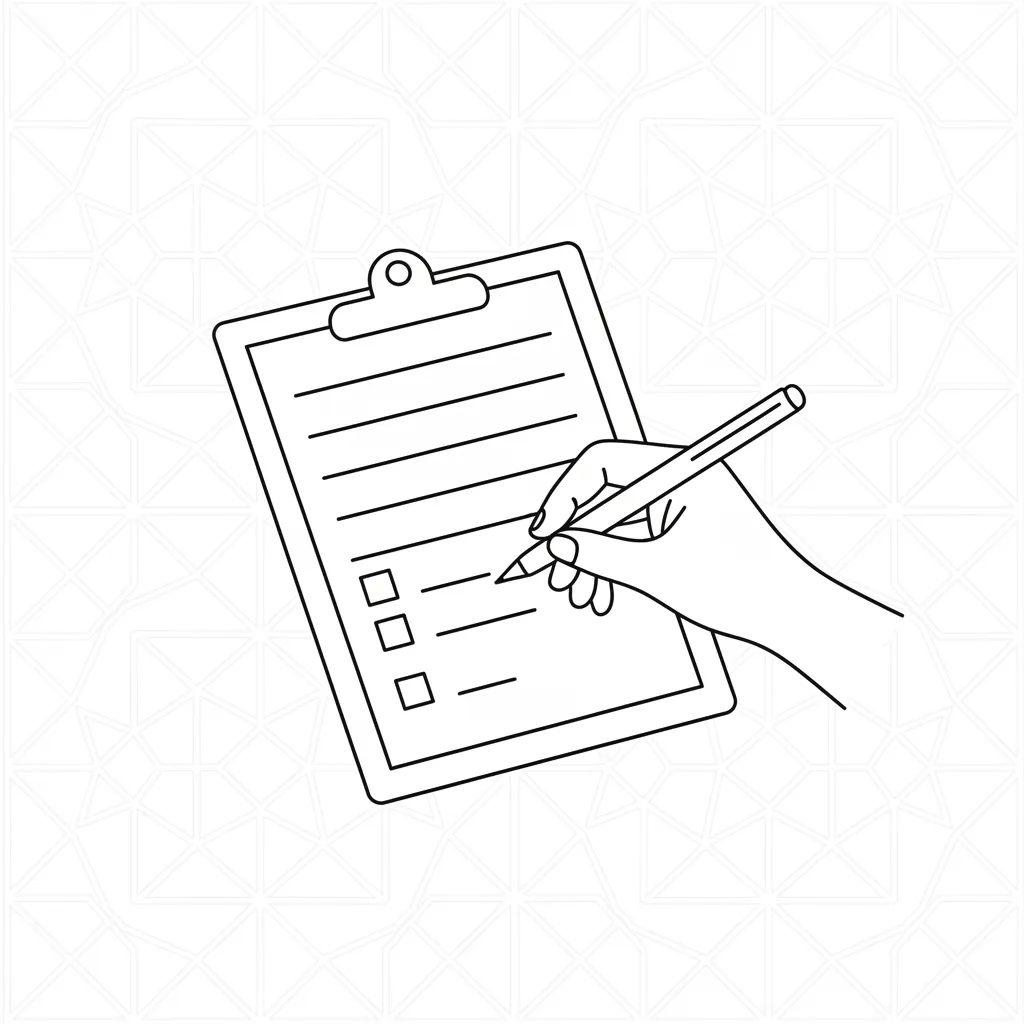 A minimalist line art illustration of a hand holding a pen, filling out a form on a clipboard, with subtle Arabic motifs in the background.