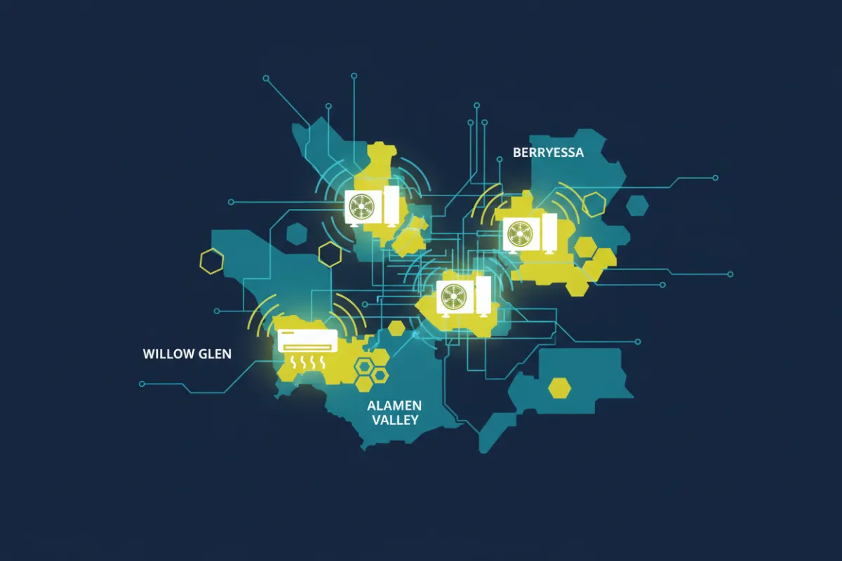 Stylized map illustration highlighting Willow Glen, Almaden, and Berryessa neighborhoods in San Jose, with HVAC icons and digital overlays. The map uses a navy, electric-yellow, and teal palette, emphasizing local service coverage and modern technology.