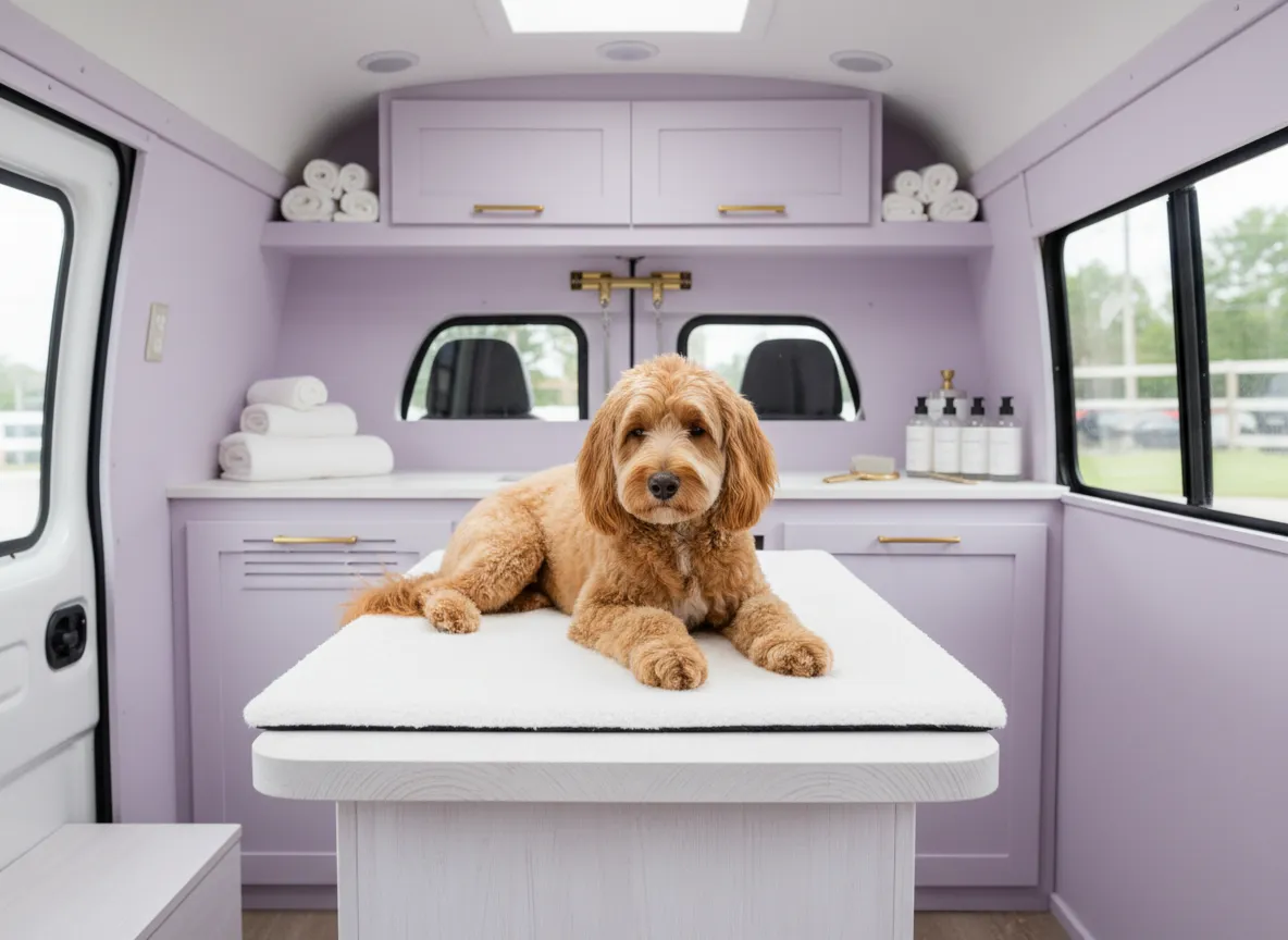 Relaxed dog being groomed in a luxury mobile spa van