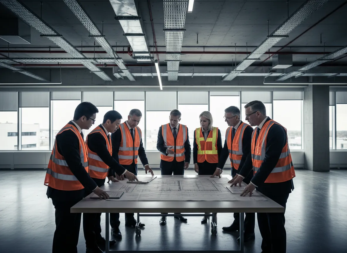 Ingenieros de Aquair revisando planos de construcción en una instalación empresarial