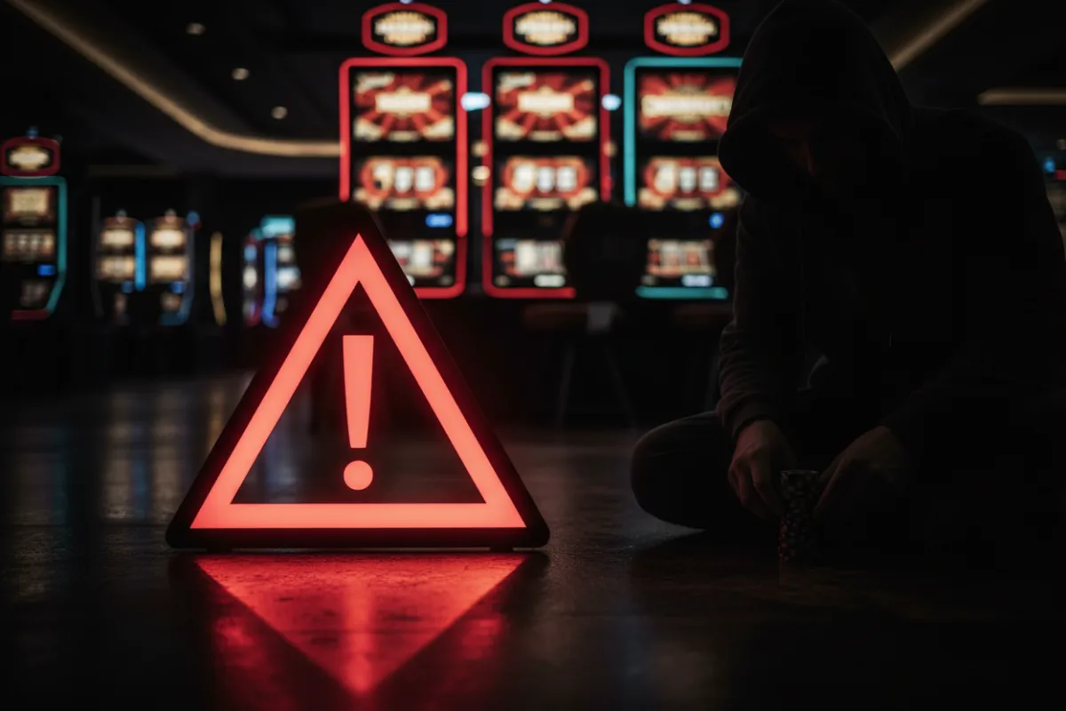 A dramatic image of a red warning triangle with an exclamation mark, set against a dark casino background. The scene includes blurred slot machines and a shadowy figure, emphasizing the risks of unreliable agents.