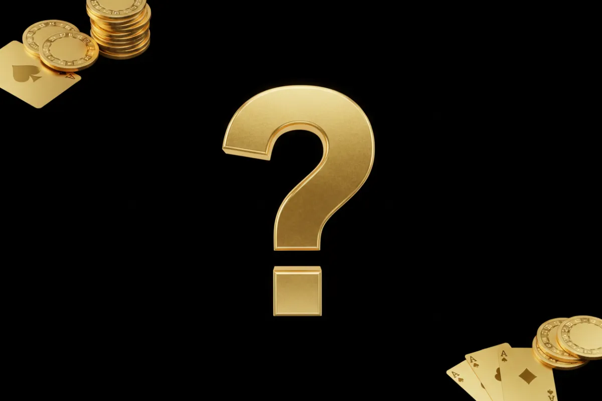 Gold question mark on black background with casino elements