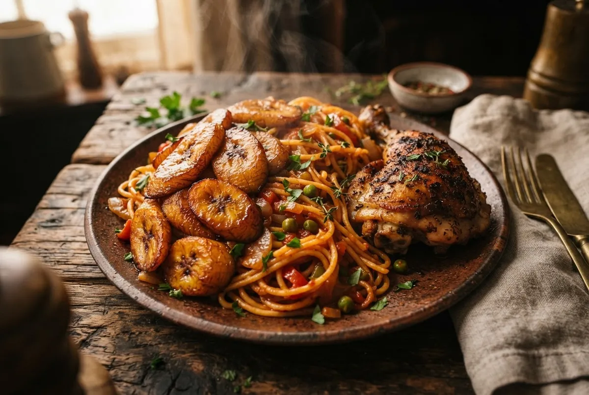 Smoky jollof spaghetti tossed in red bell pepper reduction, served with caramelized dodo plantains and charred spiced chicken