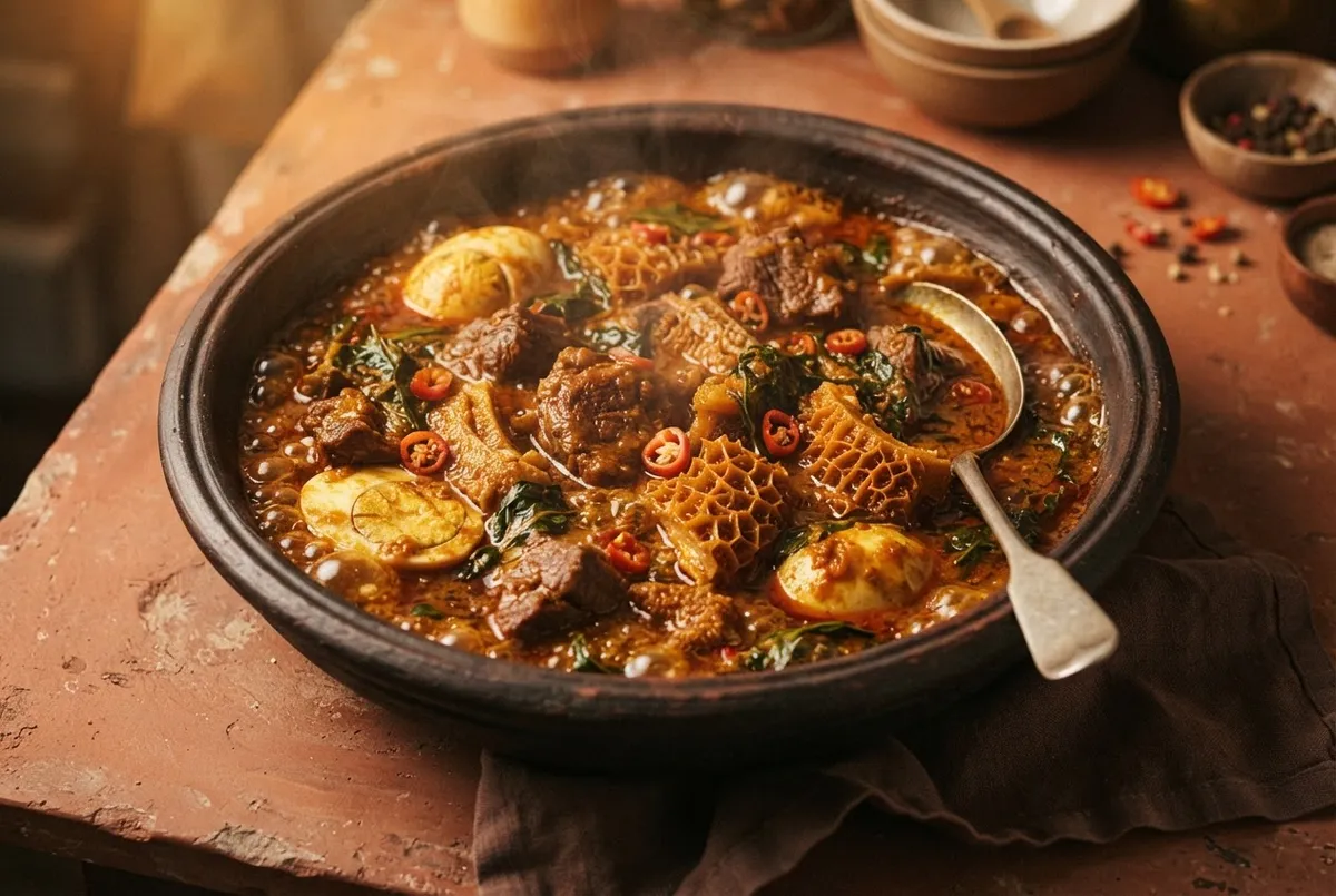 Deep clay pot with bubbling beef, tripe, and hard-boiled farm eggs submerged in a rich terracotta-hued palm-oil stew
