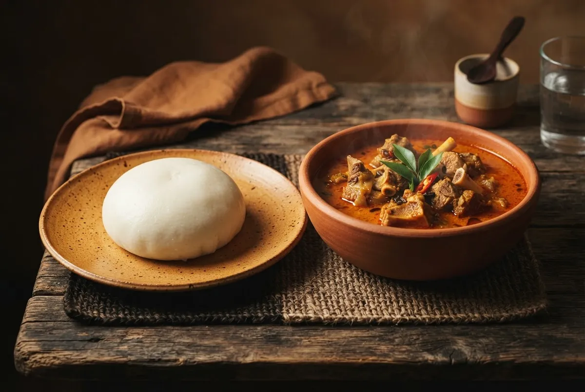 Pounded golden fufu served alongside steaming, herb-infused light pepper soup and tender goat cuts