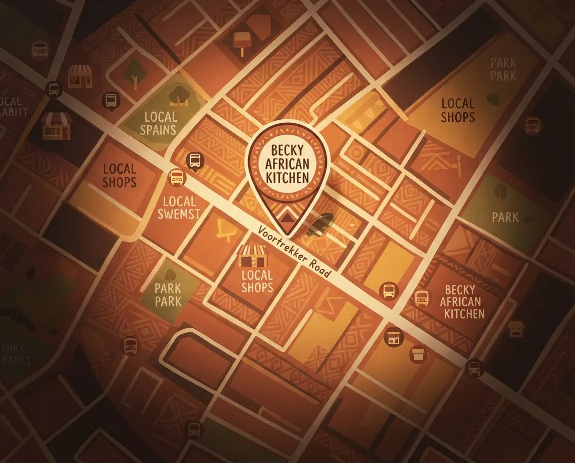 Warm stylized neighborhood location map showing Becky African Kitchen on Voortrekker Road in Townsend Estate, Cape Town