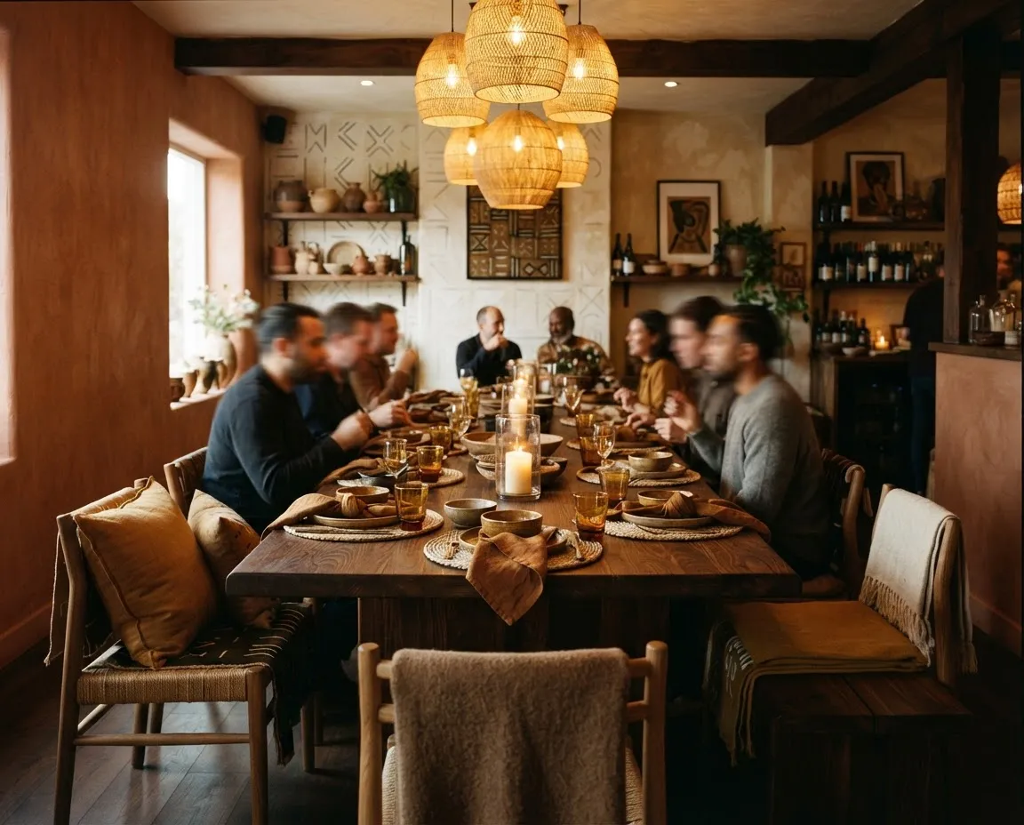 Warm and inviting dining room of Becky African Kitchen filled with organic earthy textures, natural timber, and welcoming candlelight