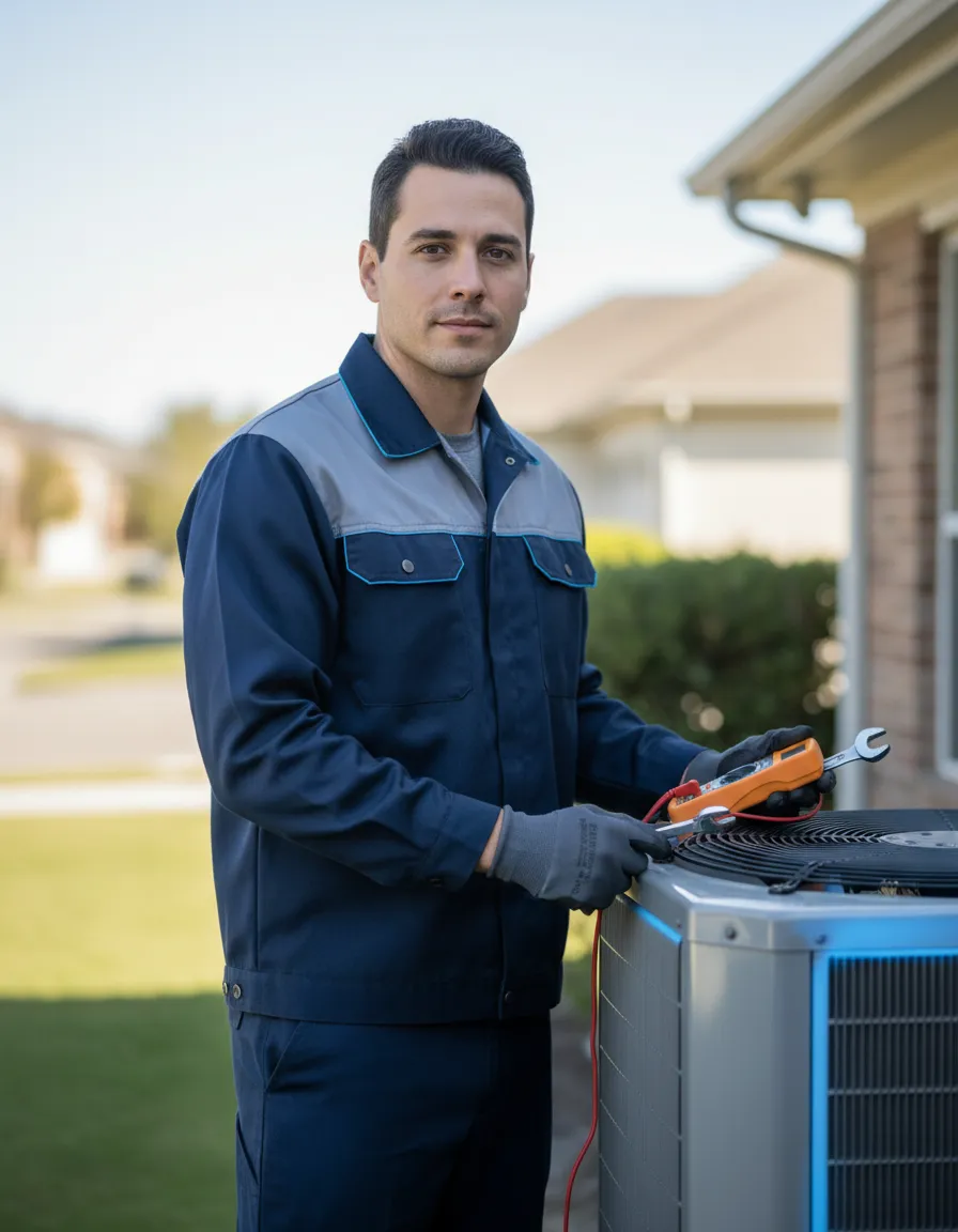 HVAC Technician inspecting air conditioning unit