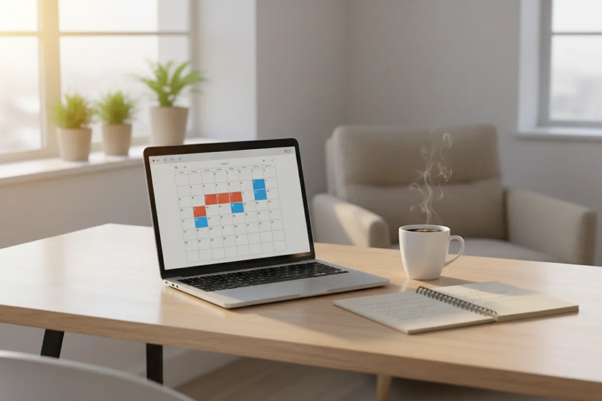 A small business owner at a tidy desk, reviewing a simple AI checklist on a tablet, surrounded by minimal, organized workspace elements. The setting is bright and modern, emphasizing focus and calm.