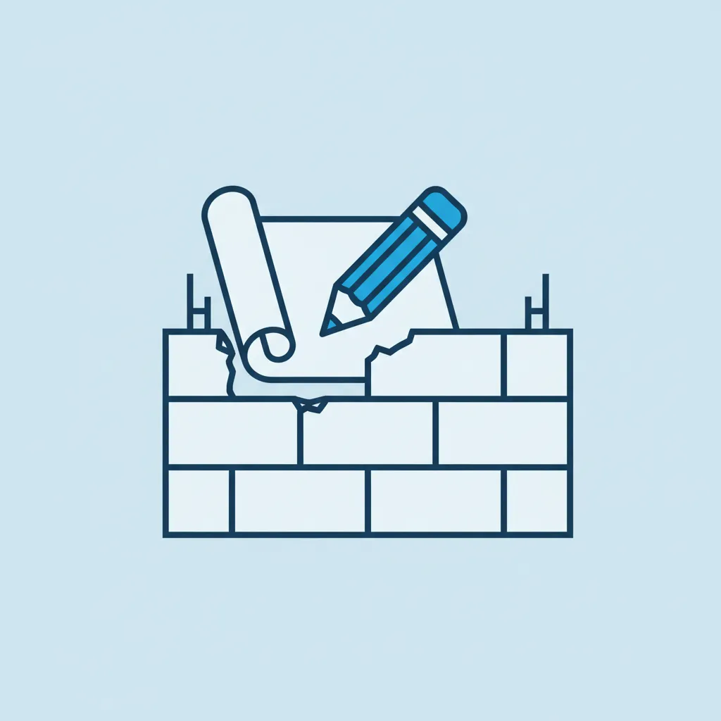 Remodeling icon: A blueprint and pencil over a partially built wall, in blue and white, symbolizing home transformation and upgrades.