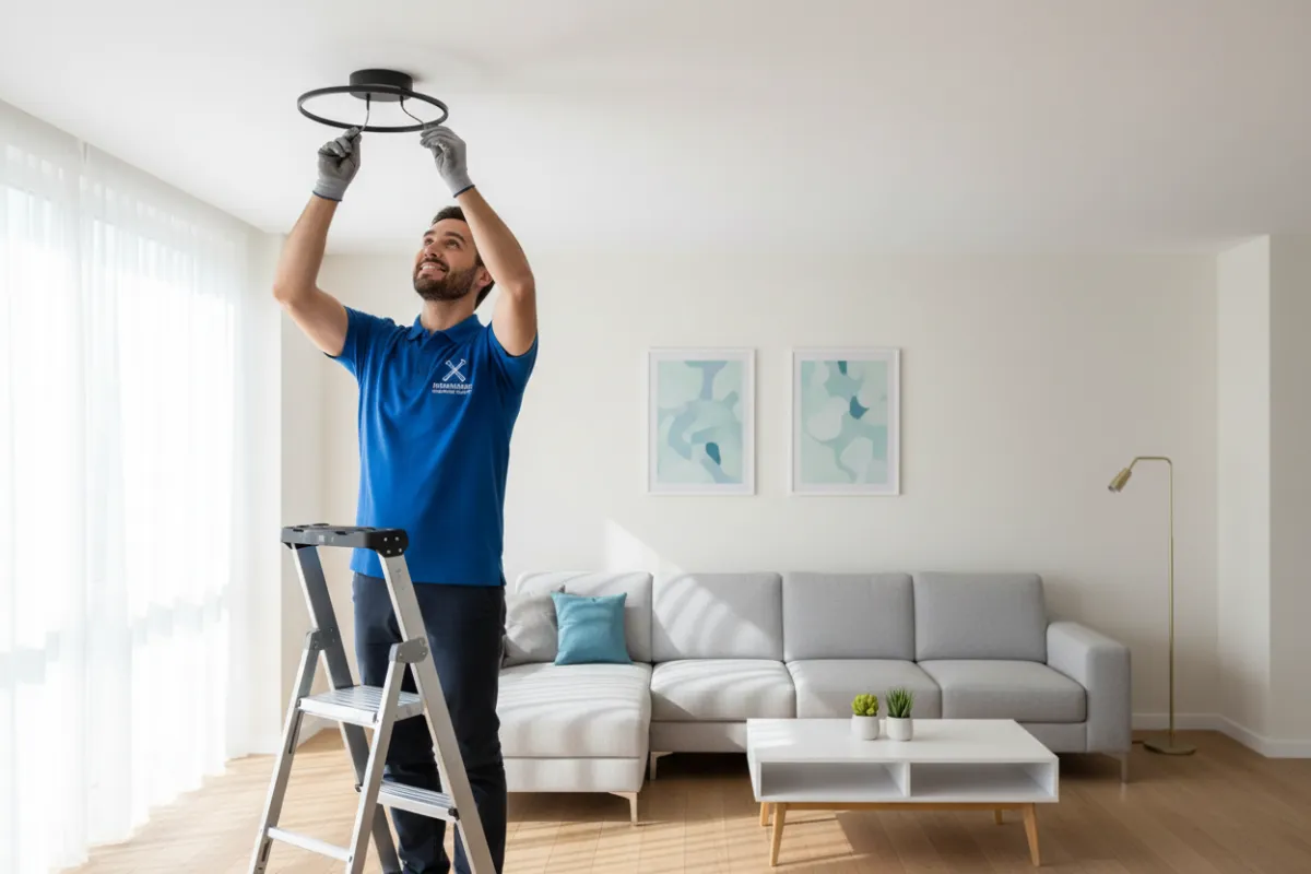 A professional handyman in branded attire installing a modern light fixture in a bright, contemporary living room. The background features clean lines, natural light, and subtle home decor, conveying trust and expertise. The handyman is focused and smiling, representing reliability and craftsmanship.