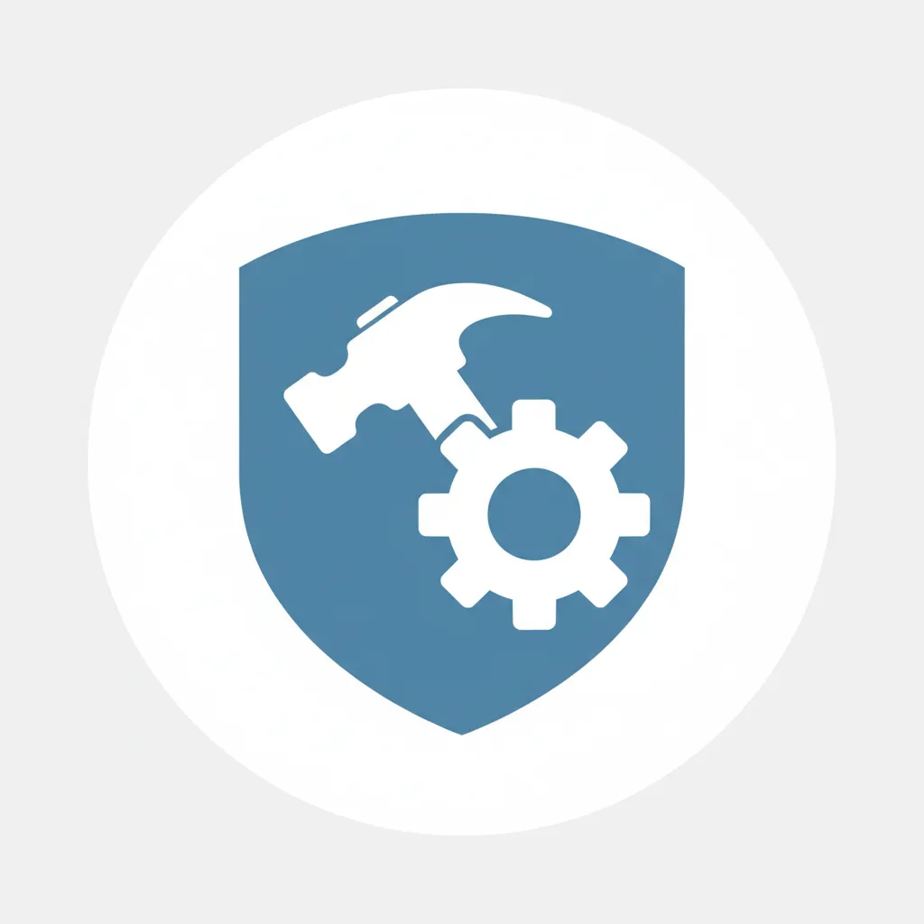 Repairs icon: A hammer and gear overlaying a shield, in blue and white, symbolizing reliable general repairs and protection.
