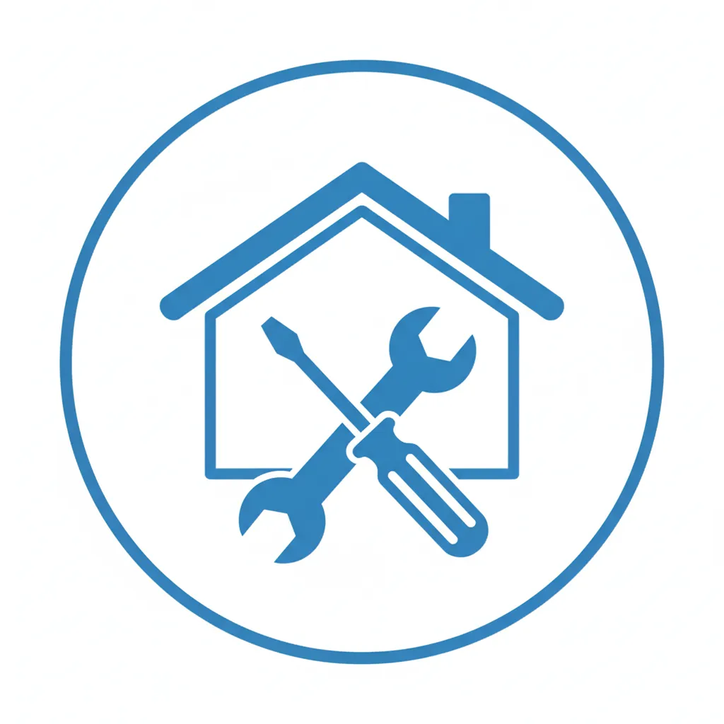 Handyman icon: A stylized wrench and screwdriver crossed over a house silhouette, in blue and white, representing quick repairs and maintenance.