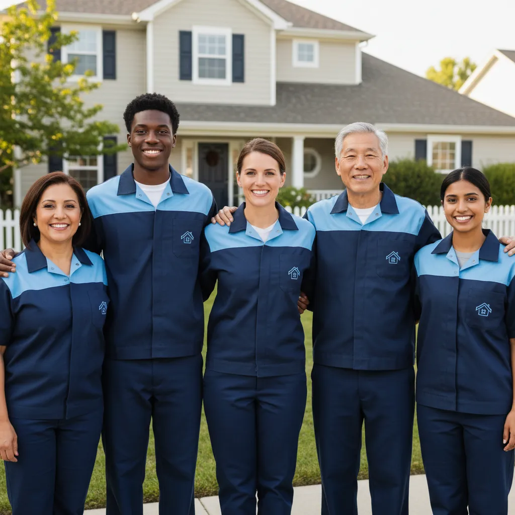 A diverse team of five home service professionals—men and women of different ages and backgrounds—standing together in branded uniforms, smiling confidently in front of a well-kept suburban home. The setting is bright and welcoming, reflecting teamwork and trust.