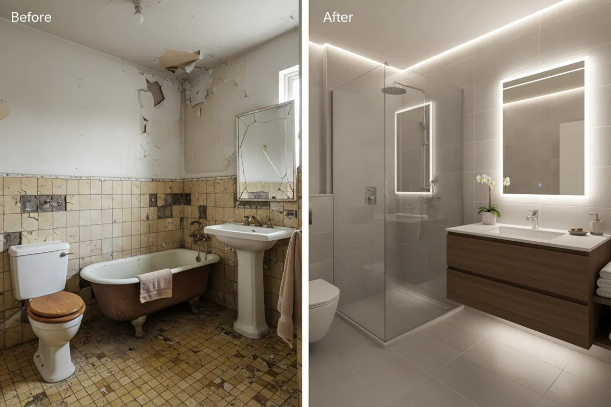 Before and after: A cracked, faded bathroom with old fixtures transformed into a sleek, spa-like bathroom with new tile, modern vanity, and glass shower. The after photo exudes cleanliness and comfort.