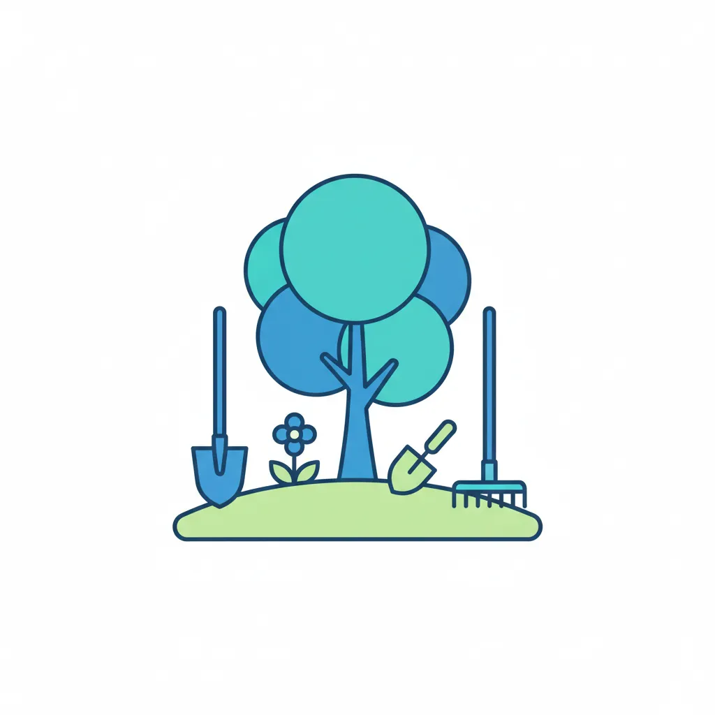 Landscaping icon: A stylized tree, lawn, and garden tools in blue and green, representing outdoor beautification and yard care.