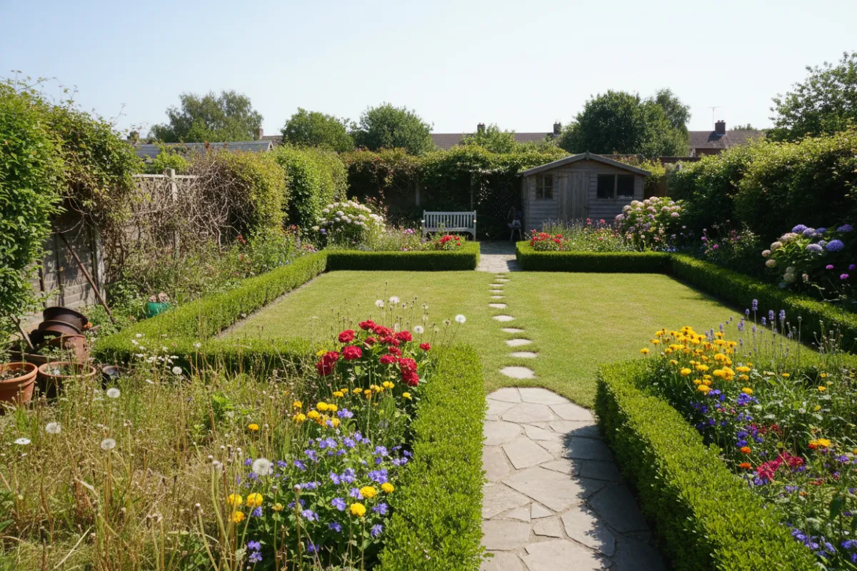 Before and after: An overgrown backyard with patchy grass and weeds transformed into a lush, landscaped garden with trimmed hedges, a stone path, and vibrant flowers. The after photo radiates curb appeal and order.