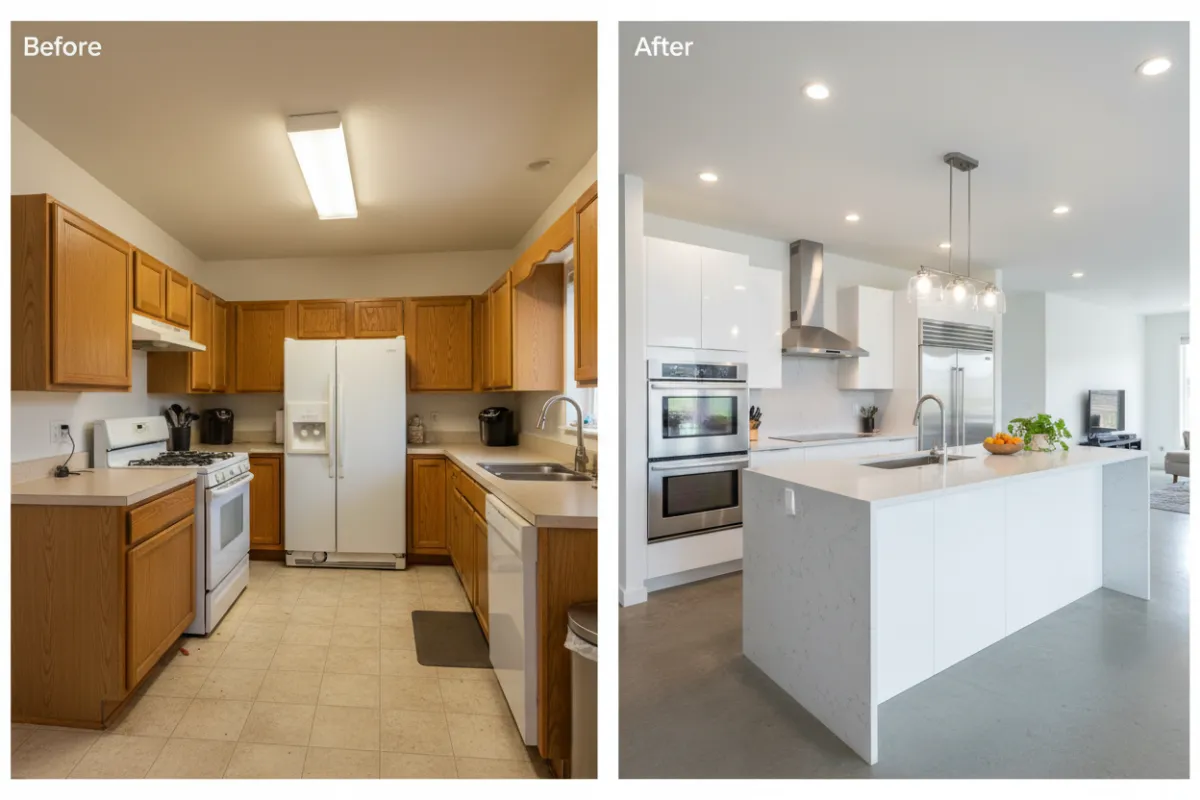 Before and after: A dated kitchen with worn cabinets and old appliances transformed into a modern, open-concept kitchen with white cabinetry, stainless steel appliances, and bright lighting. The after photo shows a clean, inviting space.