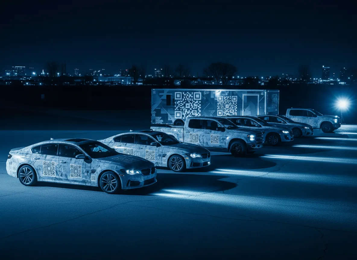 Fleet of wrapped vehicles lined up, each with scannable QR storytelling elements.