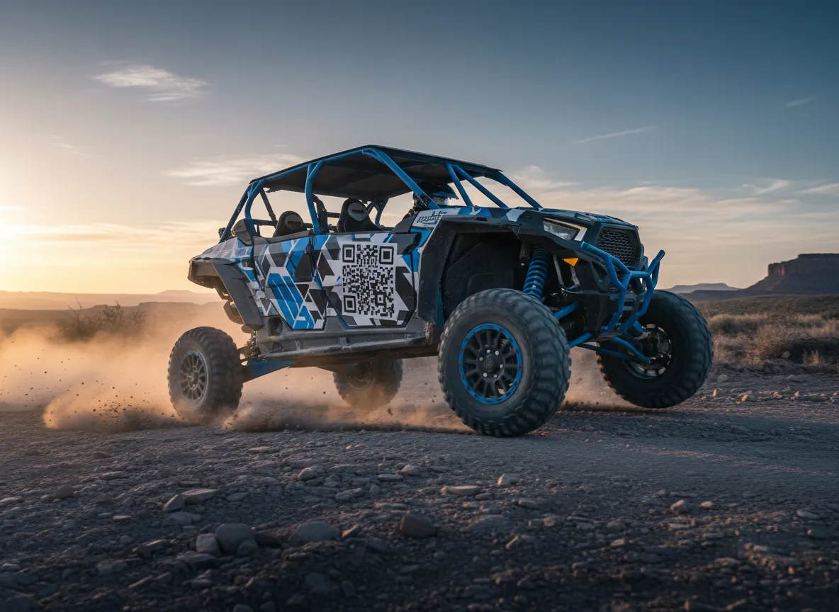 Side-by-side off-road vehicle wrap with bold QR code integrated into the design.