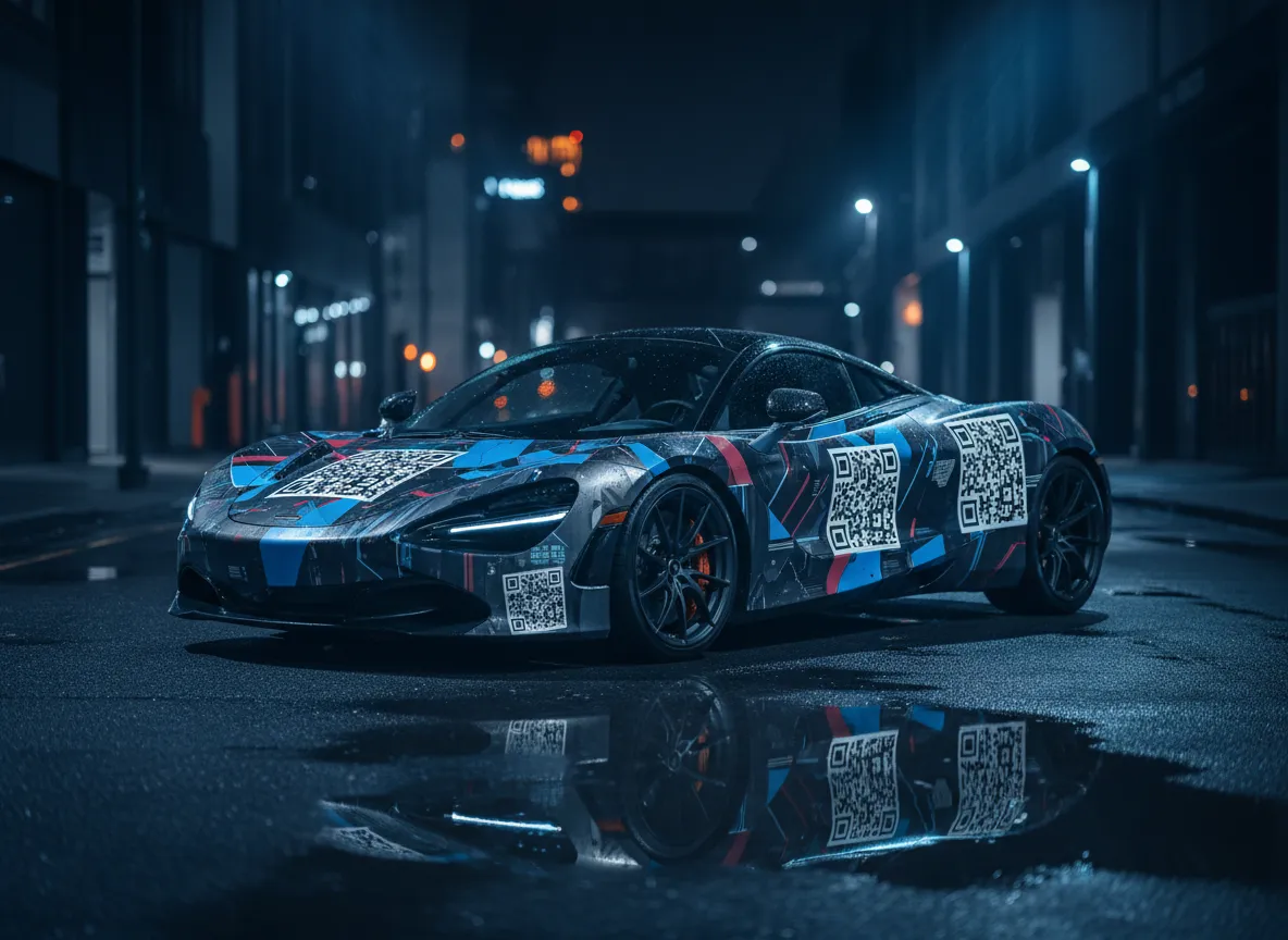 Premium QR-enabled wrap on performance car at night with dramatic lighting.