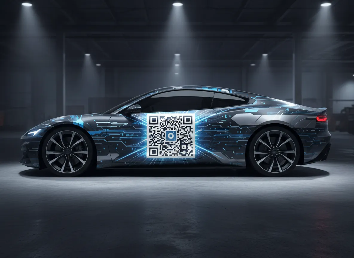 High contrast wrap featuring large QR portal graphic leading to brand story.