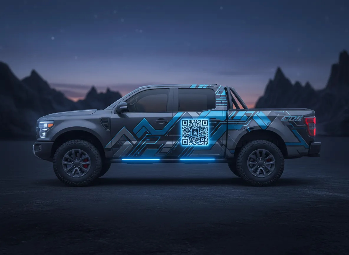 Wrapped pickup truck with integrated QR storytelling panel on the bed side.