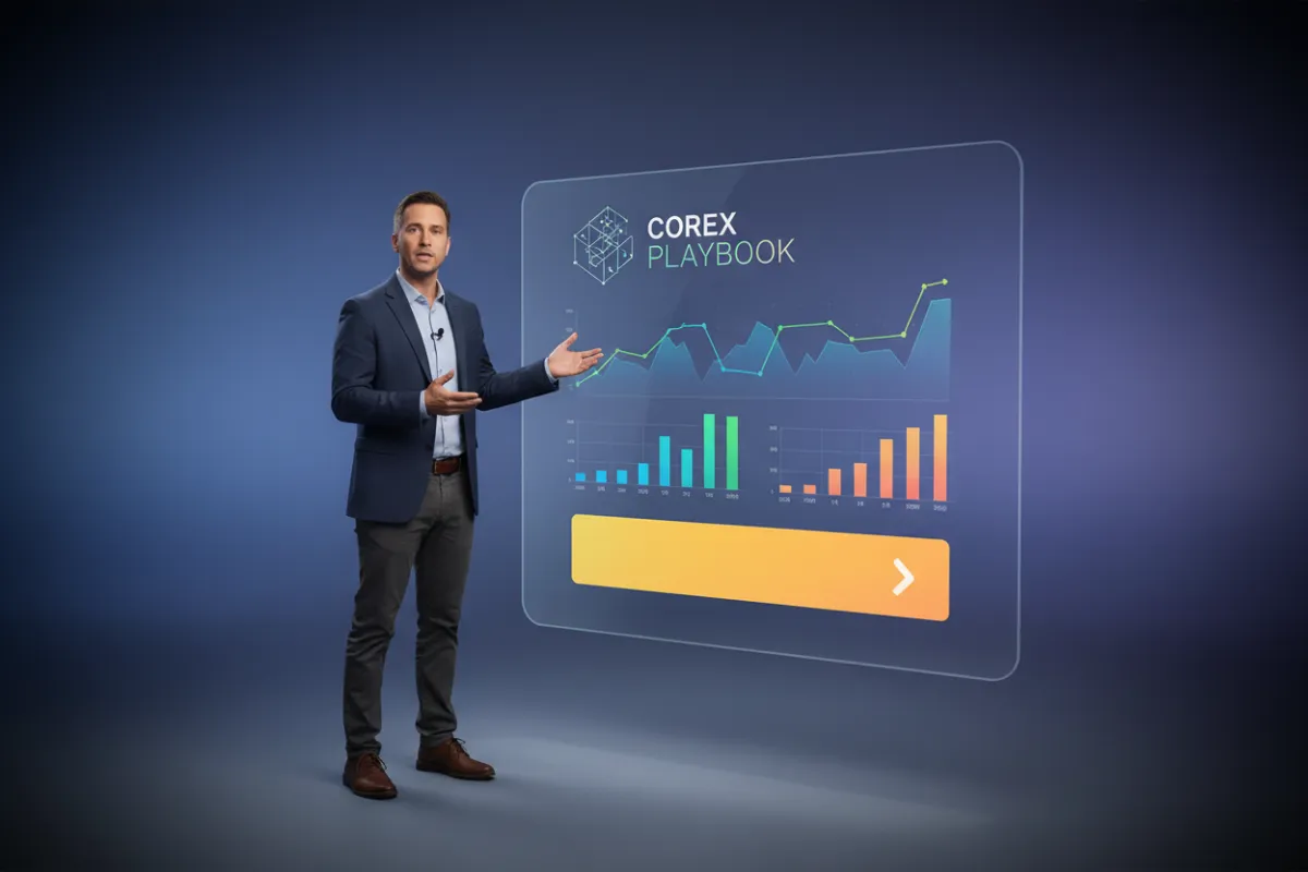 Corex playbook video thumbnail with presenter and metrics