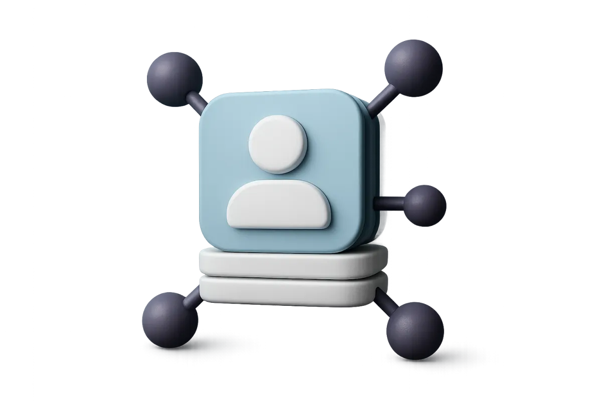 3D hero illustration of a profile stack and network nodes