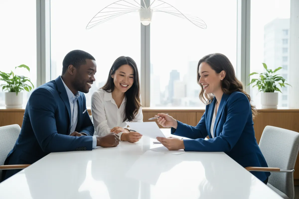 A professional financial advisor in a modern office, reviewing documents with a diverse client couple, both smiling and engaged. The setting is bright, with blue and white tones, conveying trust and expertise.