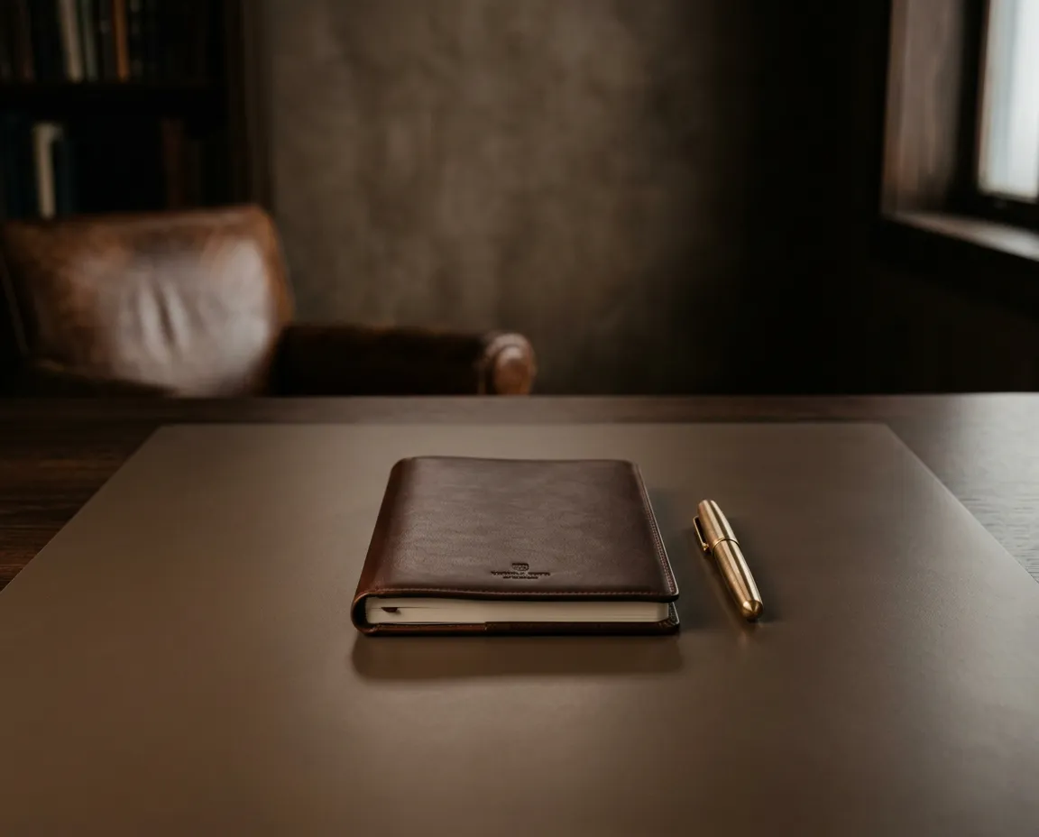 Sophisticated and warm minimalist workspace representing strategic professional authority