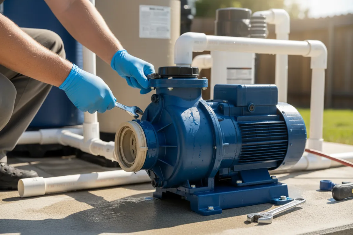 Technician replacing a pool pump part by a pool equipment pad