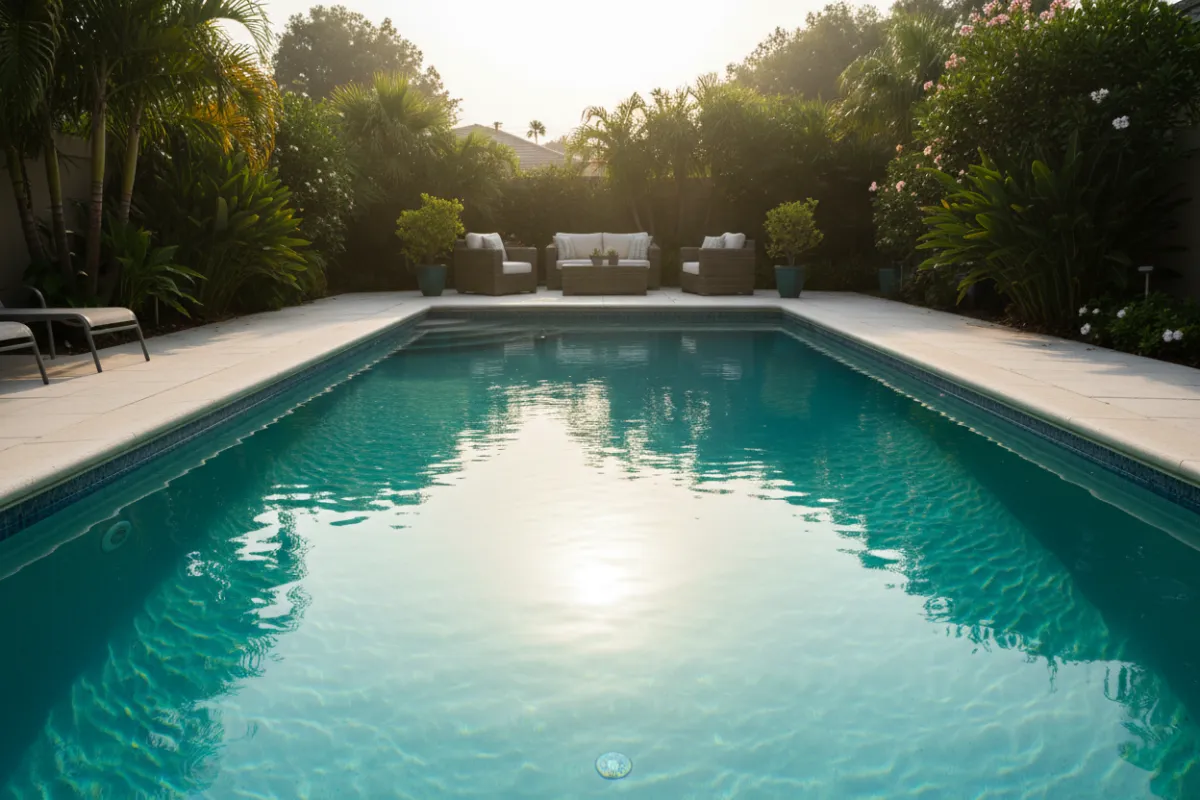 Sunlit residential backyard pool with sparkling blue water and lush greenery.