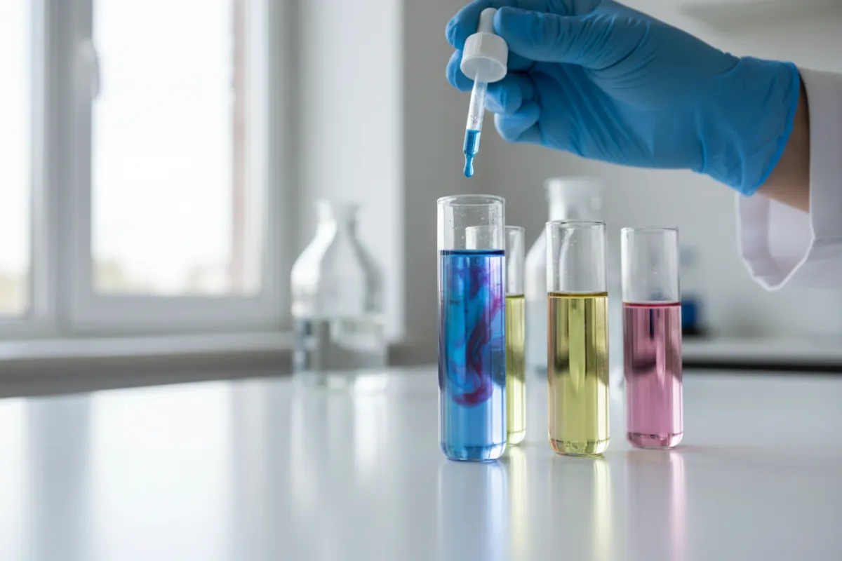 Technician performing precise pool water chemical testing with vials and reagents.